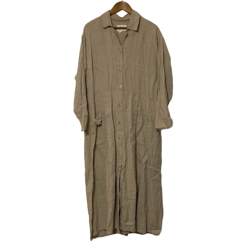 Flax by Jeanne Englehart 100% Linen Long Button Down Dress with Sleeves